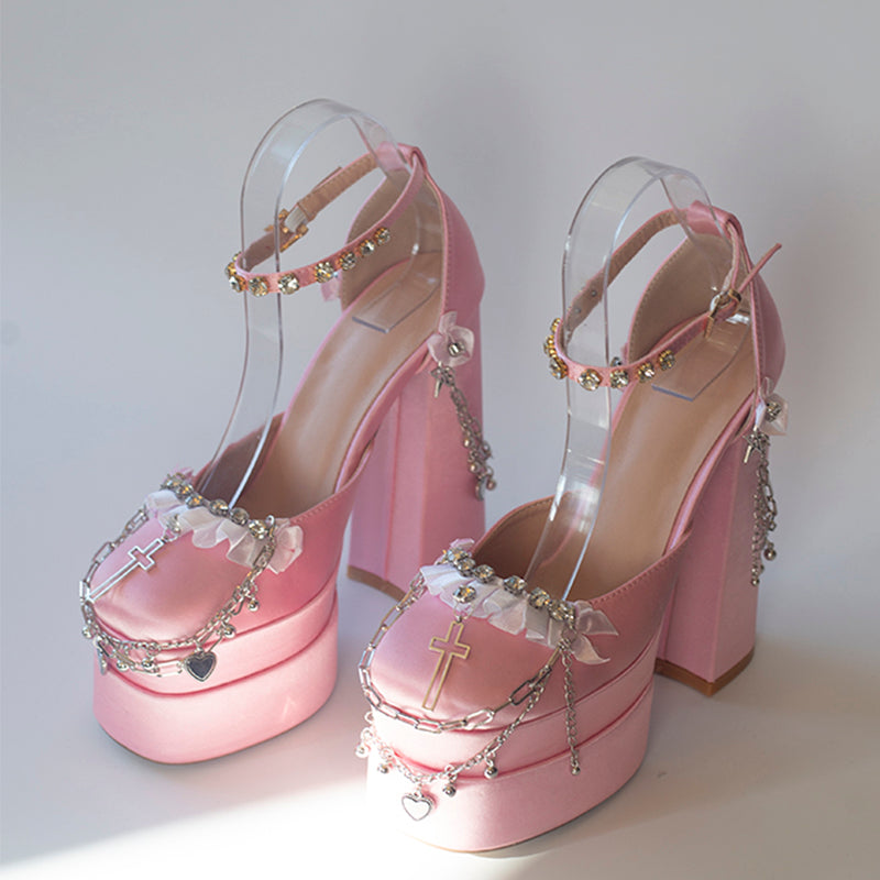 Chunky Heels Platform Sandals - Chains - I - 🩷