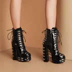 High-heels Platform Ankle Boots - Hardware & Laces - Black - II - 🖤