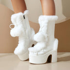 Chunky heels XL Platform Mid-calf Boots - Fur & Pompom - V - X