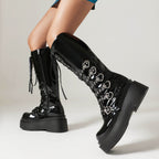 Chunky Platform Knee-high Boots - Heart Buckles - I - 🖤