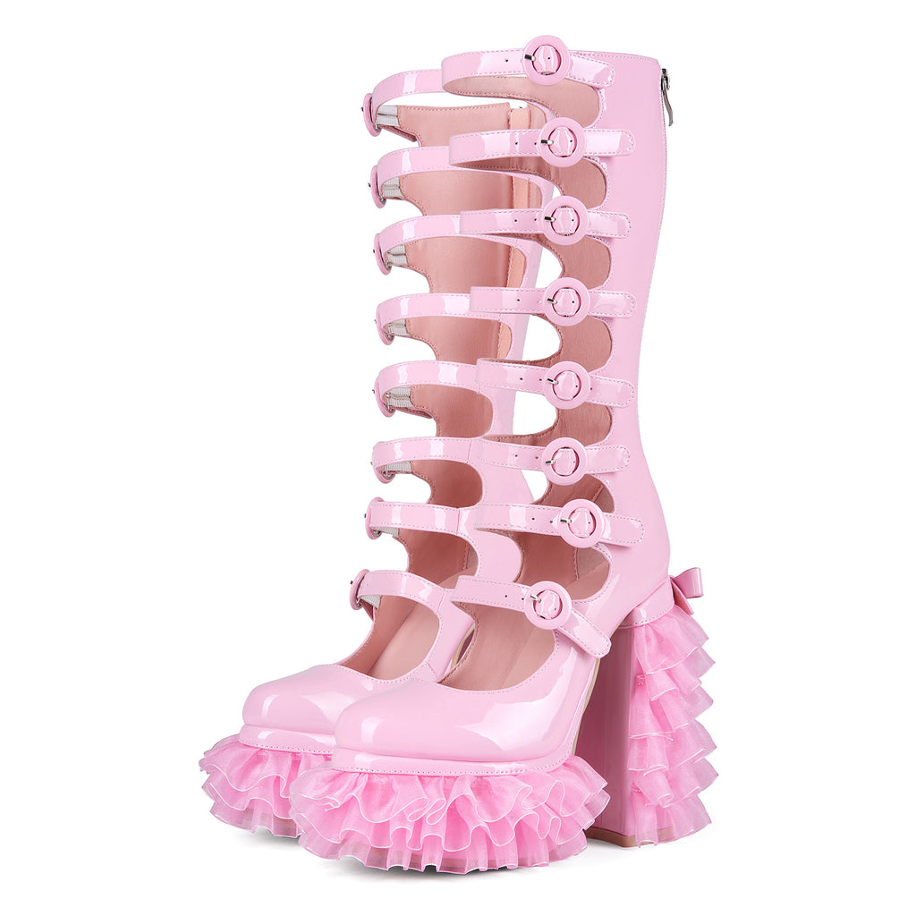 Tulle ruffle Knee high Platform Boots - VIII - 🩷