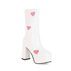 Mid-calf High-heels Platform Boots - Hearts - White - 🩷
