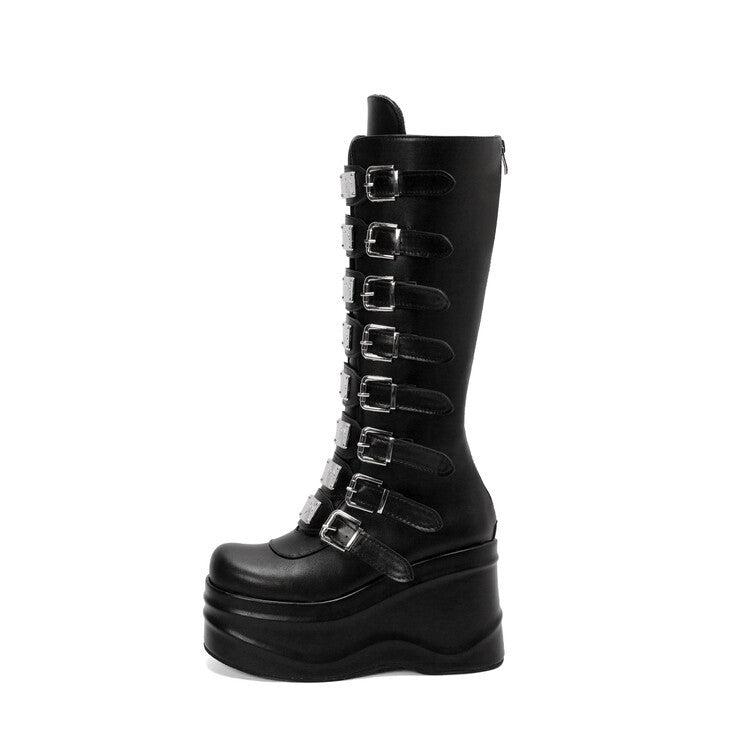 Platform Wedges Knee-high Buckles Boots - II - 🖤