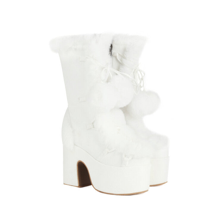 Chunky heels XL Platform Mid-calf Boots - Fur & Pompom - V - X