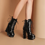 High-heels Platform Ankle Boots - Hardware & Laces - Black - II - 🖤