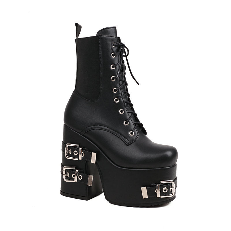 High-heels XL Platform Ankle Boots - Buckles - V - 🖤