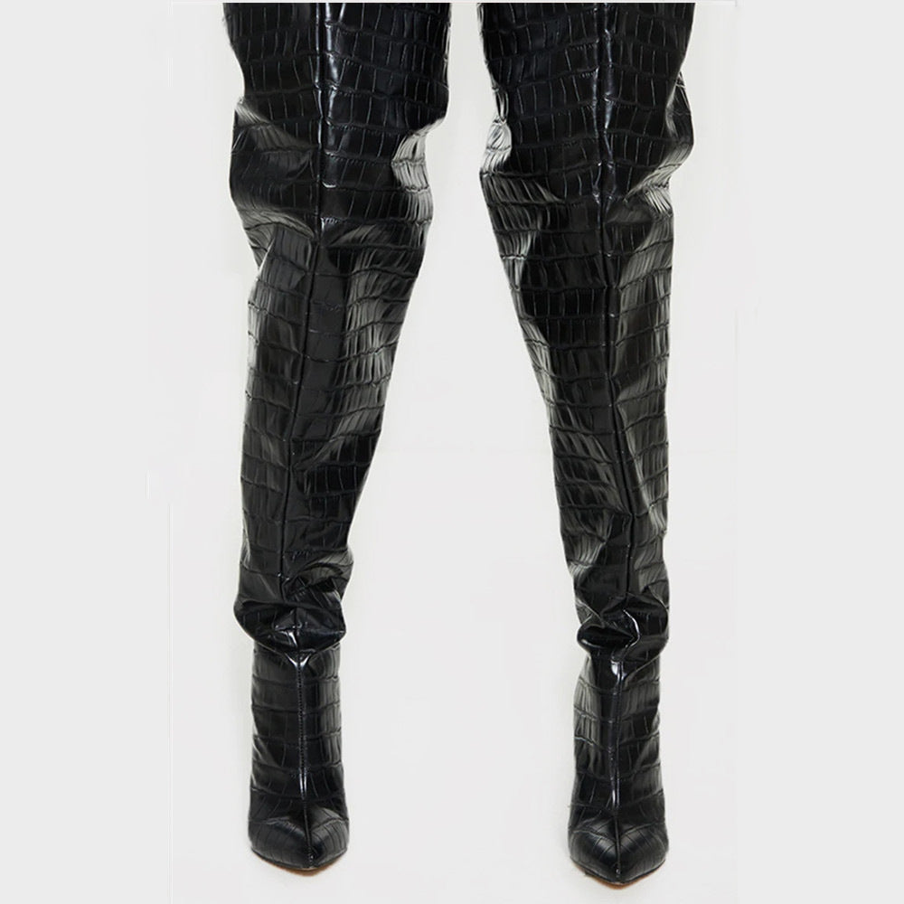 Chunky High-heels Thigh-high Boots - Croco - I - 🖤