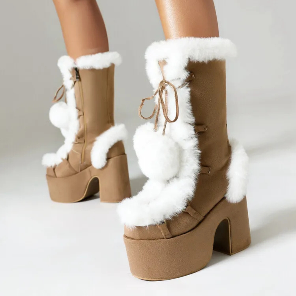 Chunky heels XL Platform Mid-calf Boots - Fur & Pompom - V - X