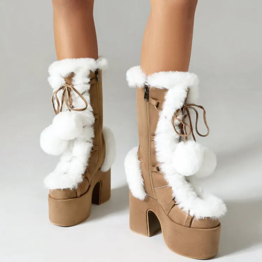 Chunky heels XL Platform Mid-calf Boots - Fur & Pompom - V - X