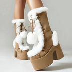 Chunky heels XL Platform Mid-calf Boots - Fur & Pompom - V - X