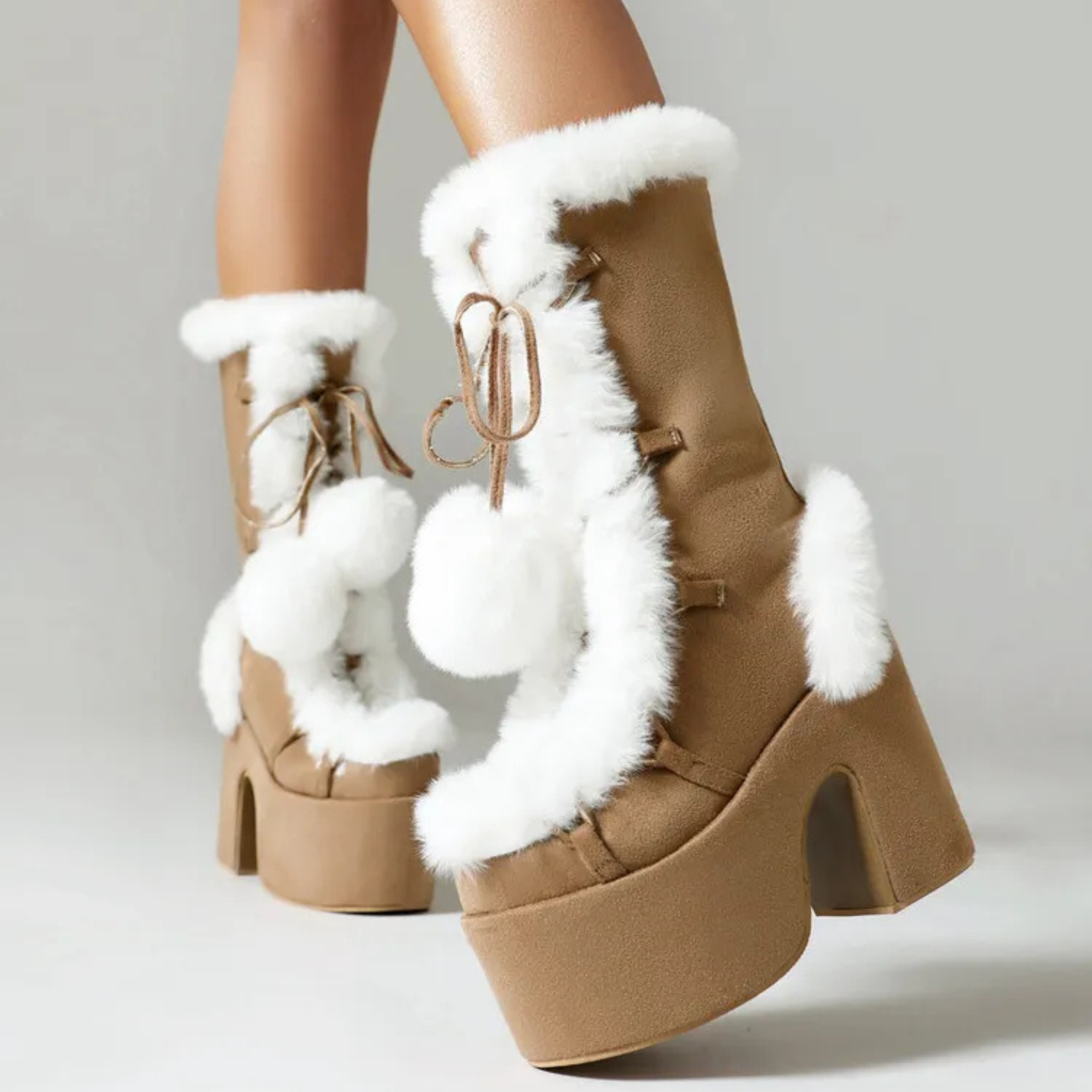 Chunky heels XL Platform Mid-calf Boots - Fur & Pompom - V - X