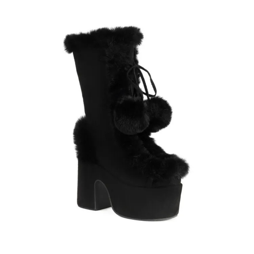 Chunky heels XL Platform Mid-calf Boots - Fur & Pompom - V - X