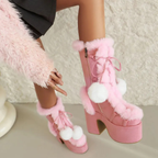 Chunky heels XL Platform Mid-calf Boots - Fur & Pompom - V - X
