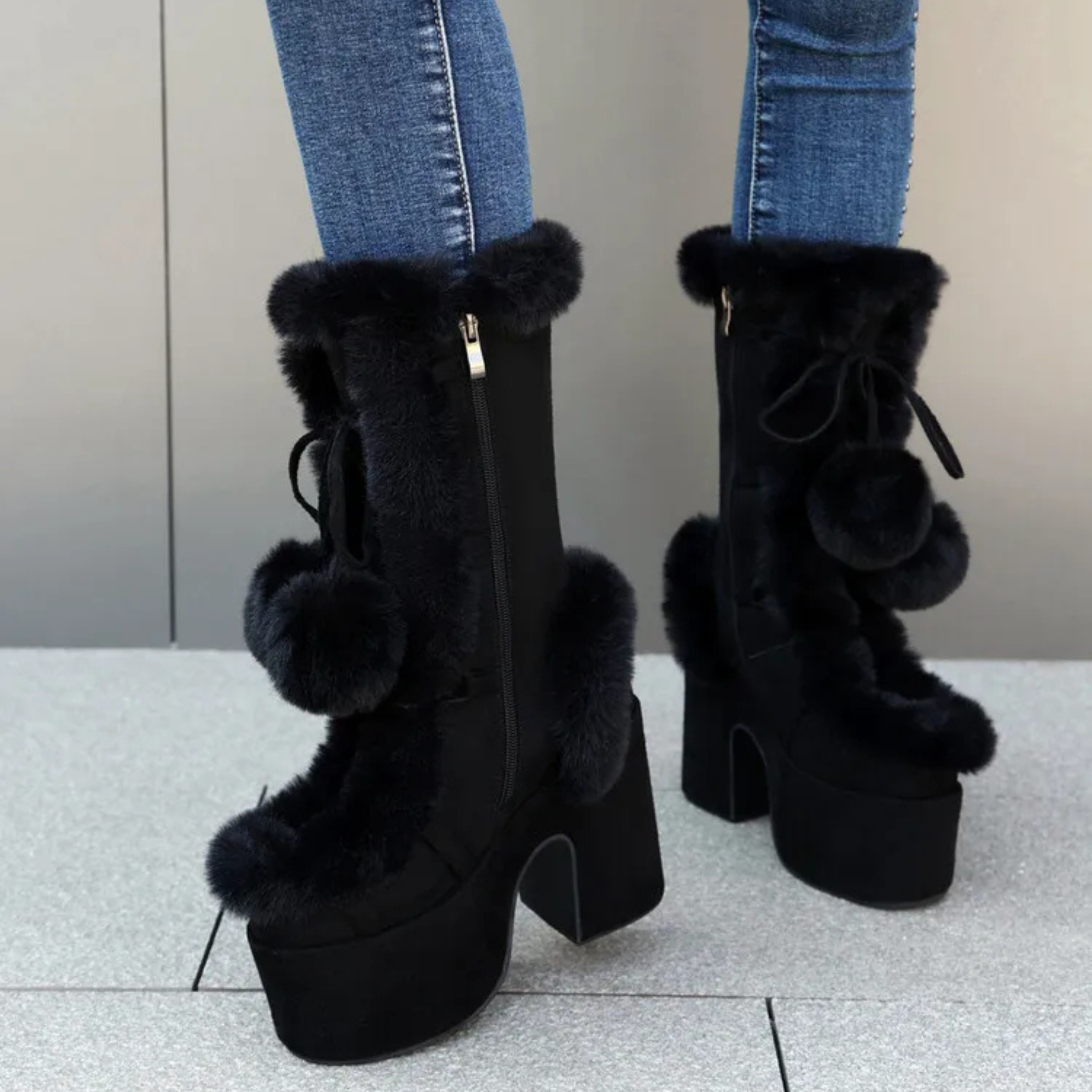 Chunky heels XL Platform Mid-calf Boots - Fur & Pompom - V - X