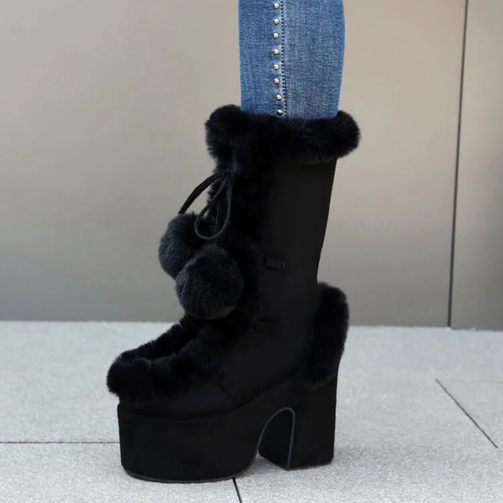 Chunky heels XL Platform Mid-calf Boots - Fur & Pompom - V - X