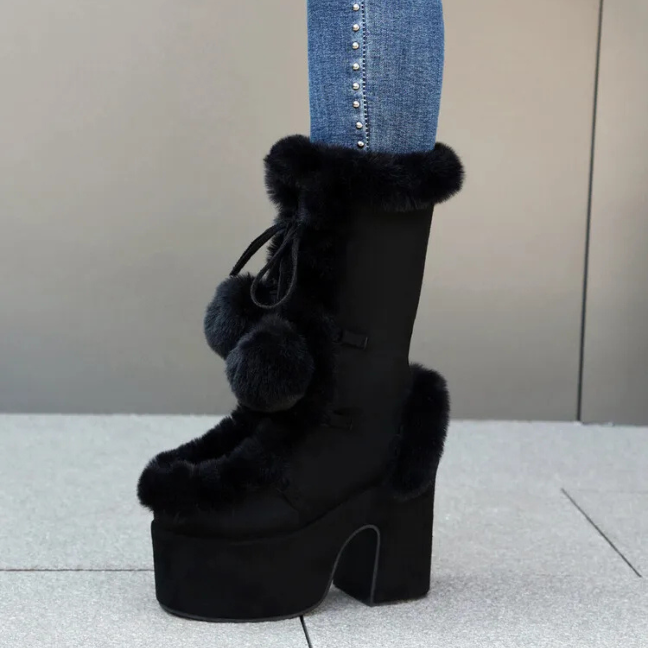 Chunky heels XL Platform Mid-calf Boots - Fur & Pompom - V - X