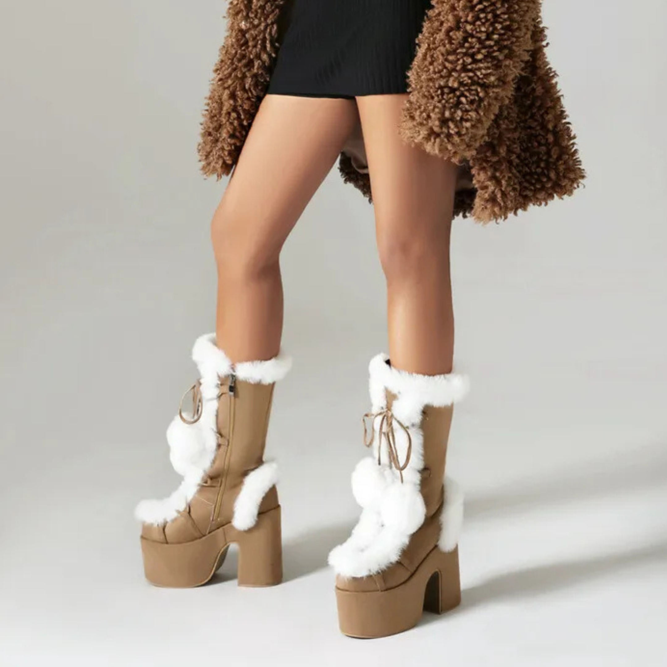 Chunky heels XL Platform Mid-calf Boots - Fur & Pompom - V - X
